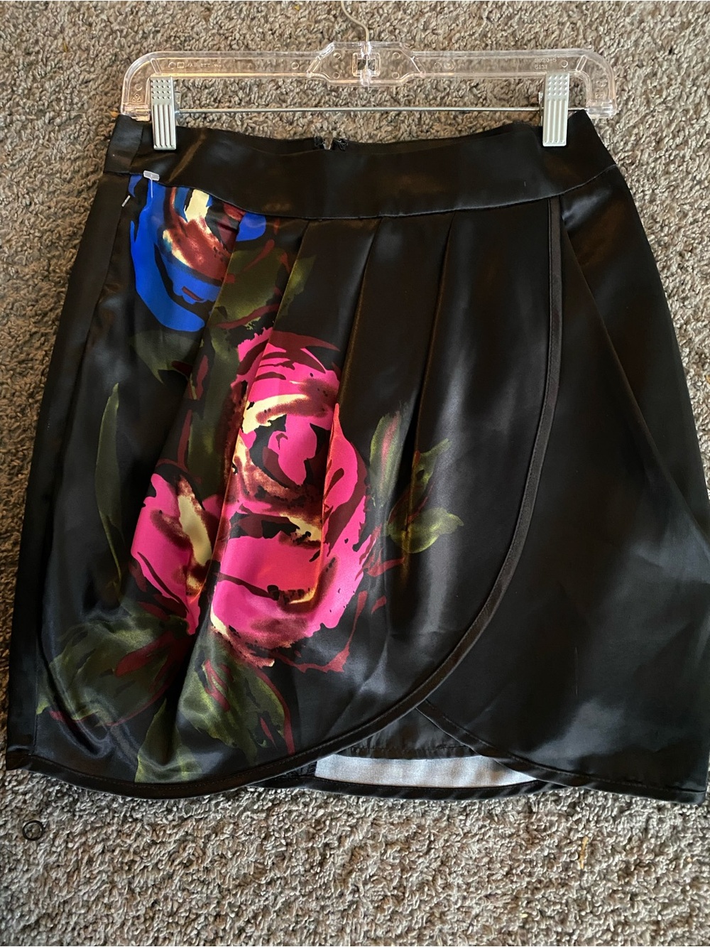 Size medium Black Floral Wrap Satin Skirt - Pink & Blue Rose Print
